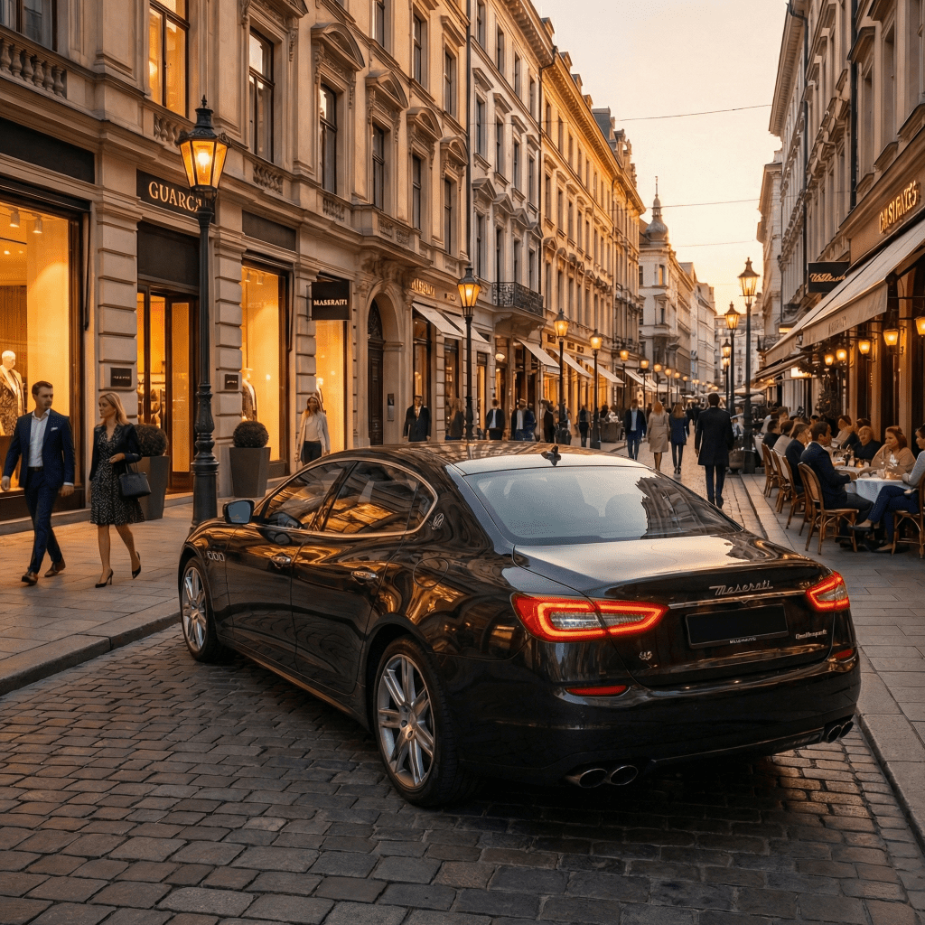 A black luxury Maserati featuring Diamond Havana Black Glossy SelfRepair Nano-Coated PPF is parked on a cobblestone street in a lively European city with elegant shops and cafes at sunset, as people stroll and dine nearby.