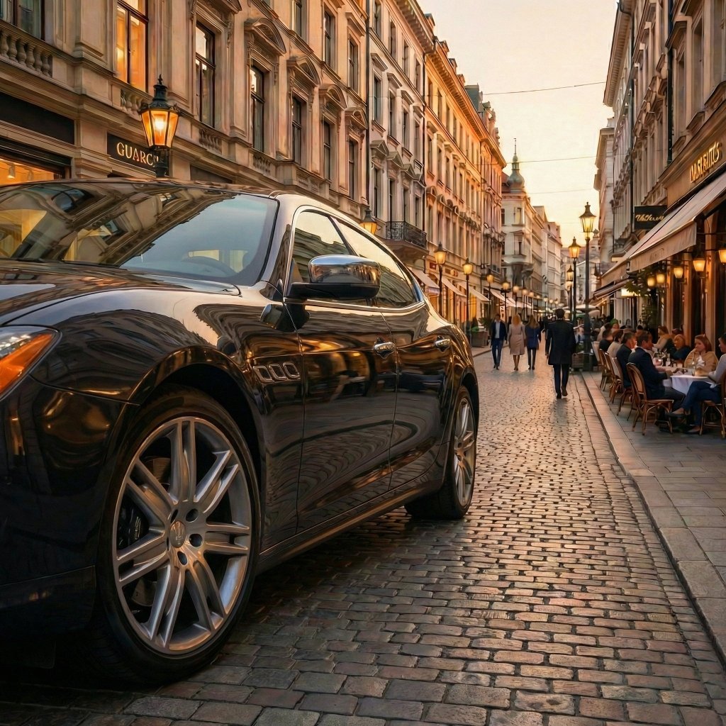 A luxury car wrapped in Diamond Havana Black Glossy SelfRepair Nano-Coated PPF stands on a cobblestone street, surrounded by historic buildings and outdoor cafes, as people stroll by in the golden sunset.
