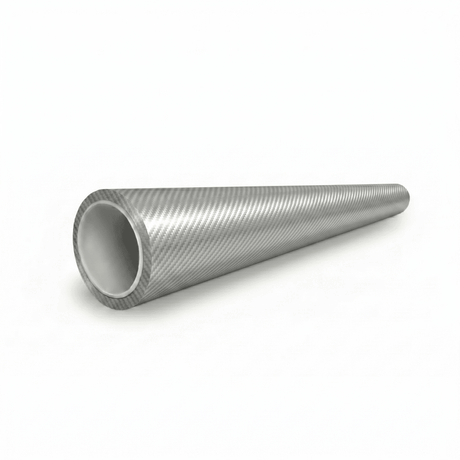 A Liquid Metallic Aluminium Carbon Fiber Self-Healing Nano-Coated PPF tube, gray and cylindrical with a textured, hollow form, lies on a white background. It showcases a metallic carbon fiber finish with visible diagonal surface patterns.