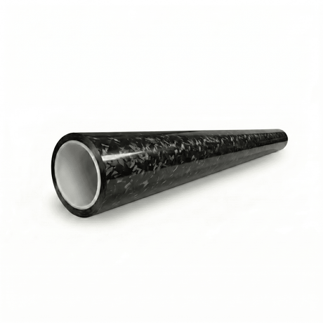 A Forged Carbon Graphite Self-Healing Nano-Coated PPF tube with a glossy, carbon-patterned black finish. The hollow cylindrical tube tapers slightly on a white surface, its open end facing the viewer.
