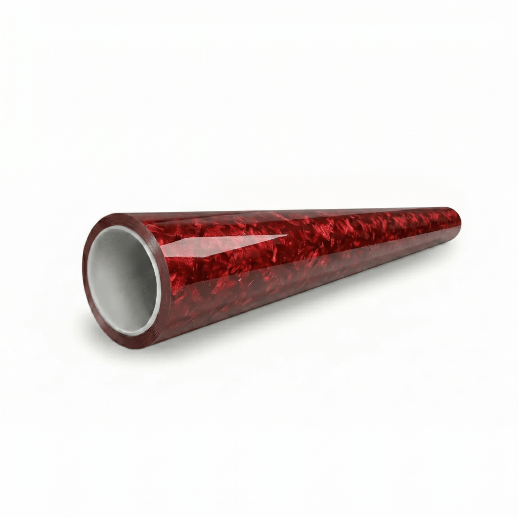 A shiny, cylindrical Red Forged Carbon Graphite Self-Healing Nano-Coated PPF tube with a marbled red pattern on the outside and a smooth gray interior, displayed against a white background.