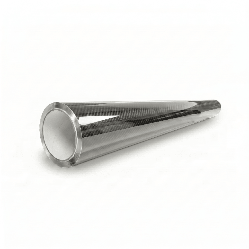 A Transparent Carbon Fiber Self-Healing Nano-Coated PPF, featuring a metallic rim and glossy cylindrical design, lies horizontally on a white background with its wide opening facing the viewer.