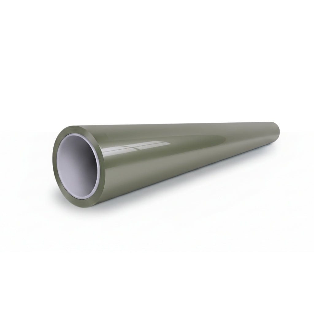 The Alpine Green Liquid Metallic Glossy SelfRepair Nano-Coated PPF features a glossy, tapered greenish-gray pipe with a white interior, providing superior protection. Shown on a plain white background.