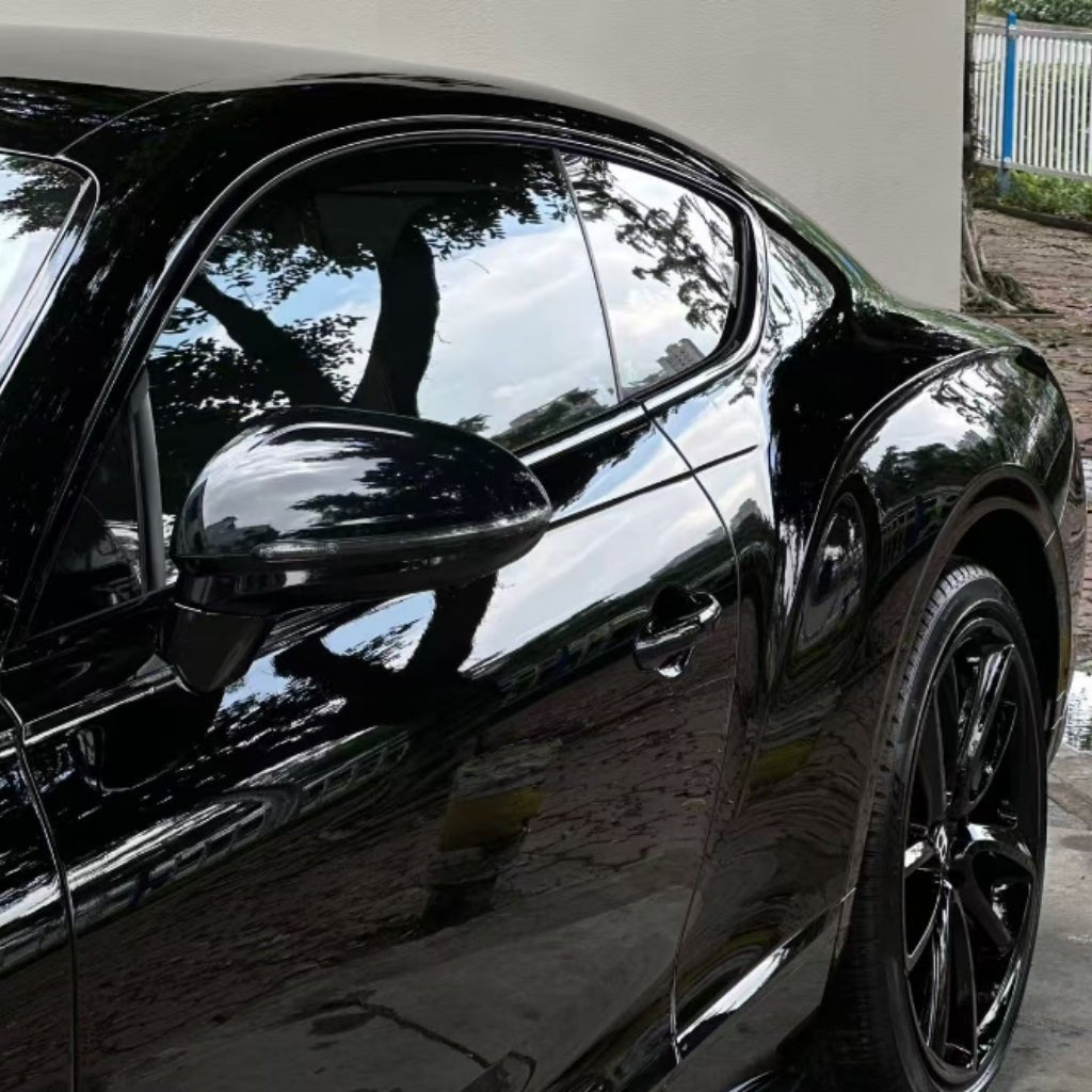 Close-up of a car with Black Glossy SelfRepair Nano-Coated PPF parked by a light-colored wall, reflecting trees and sky. The side mirror, door, and rear wheel are clearly visible.