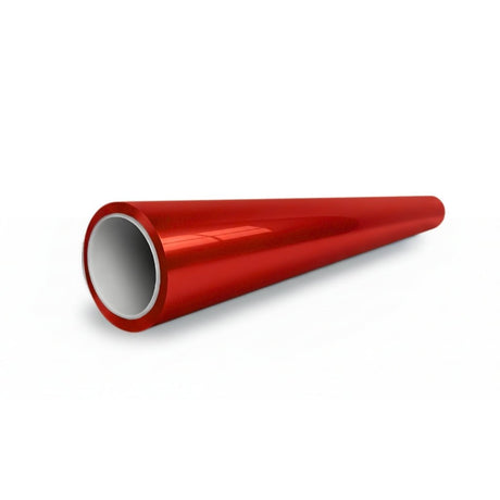 A shiny red cylindrical pipe with a hollow interior, lying horizontally and tapering at one end, is wrapped in Burnt Orange Glossy SelfRepair Nano-Coated PPF for added protection.