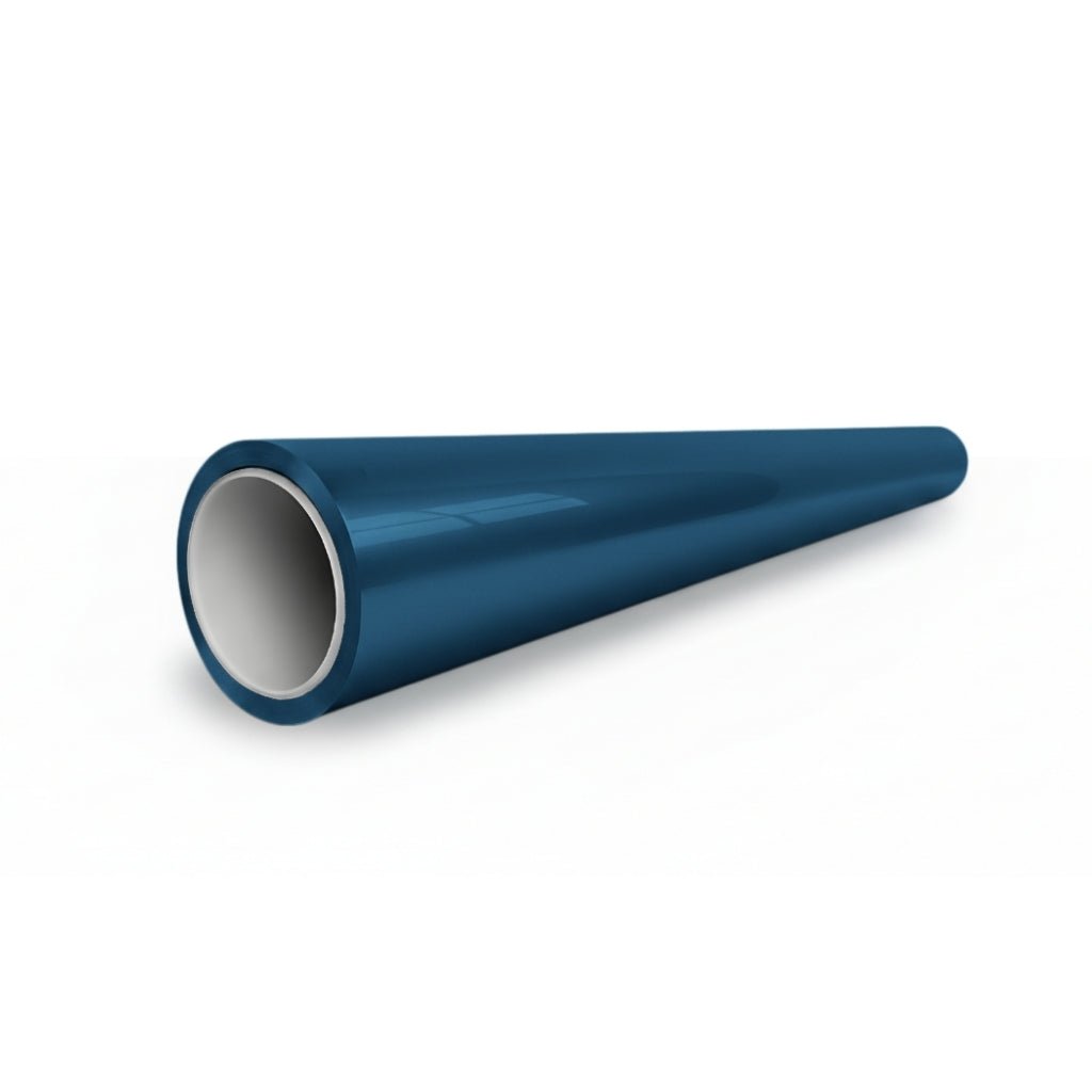A shiny, hollow Deep Blue Glossy SelfRepair Nano-Coated PPF pipe with a smooth surface lies diagonally on a white background, its wide opening facing the viewer.