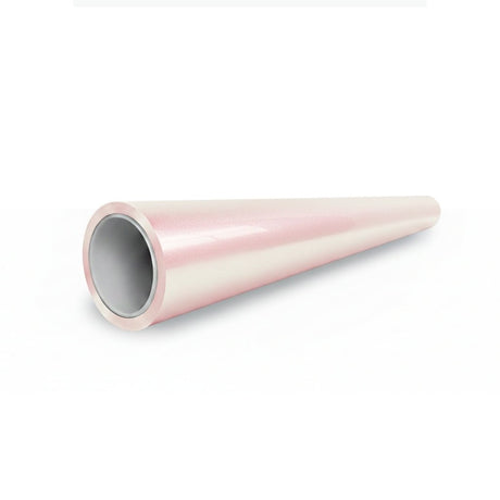 A shiny, pale pink, cone-shaped object with a hollow center, wrapped in White Diamond Pink Glossy SelfRepair Nano-Coated PPF, rests on its side against a white background.