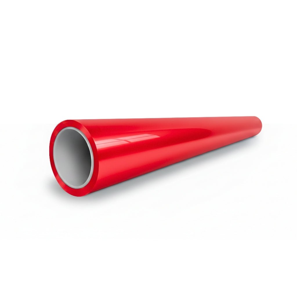 A glossy, cylindrical red pipe with a gray interior, finished in Nexthor™ Ferrari Red SelfRepair Nano PPF Glossy, is displayed on a white background and viewed angled from one end.