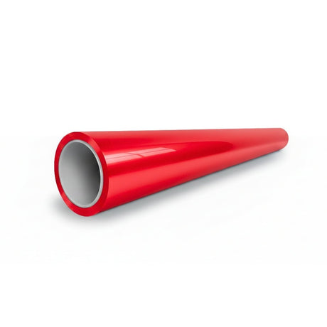 A glossy, cylindrical red pipe with a gray interior, finished in Nexthor™ Ferrari Red SelfRepair Nano PPF Glossy, is displayed on a white background and viewed angled from one end.
