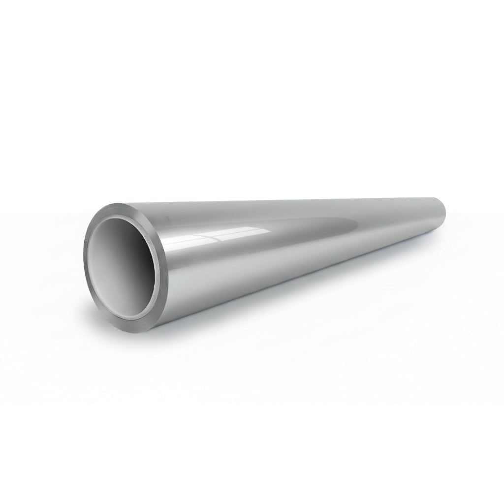 A shiny, metallic, hollow cylindrical pipe rests on a white surface, its open end facing the viewer and protected by GT Silver Liquid Metallic Glossy SelfRepair Nano-Coated PPF for advanced durability.
