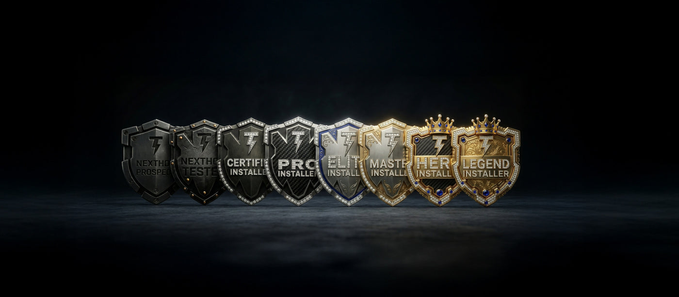 A row of nine metallic shield-shaped badges in increasing prestige, labeled from left to right: Next Heat Prospect, Next Heat Contest, Certified Installer, Pro Installer, Elite Installer, Master Installer, Hero Installer, and Legend Installer.