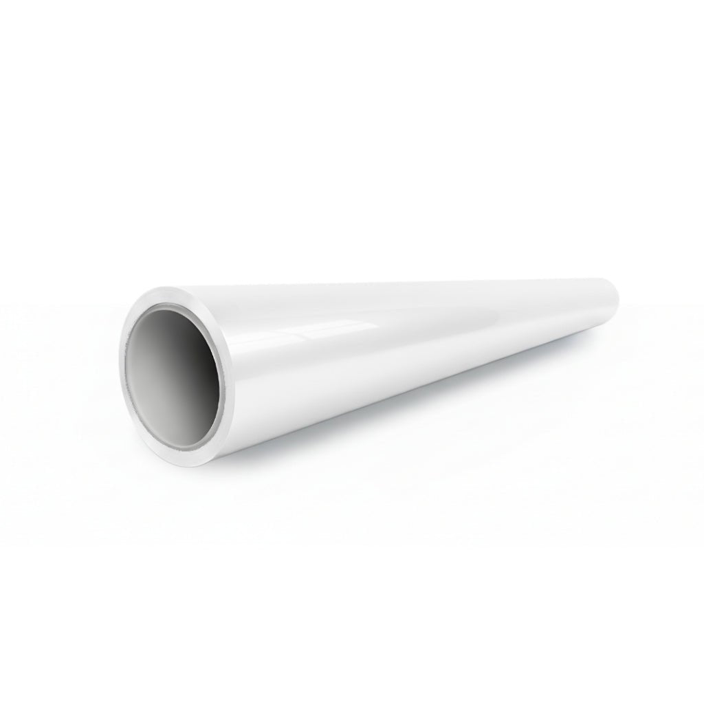 A white, cylindrical, hollow plastic pipe tapers to a narrower end and lies on a white surface with the wider opening facing the viewer, resembling an aplikátor for Metallic White Glossy SelfRepair Nano-Coated PPF.