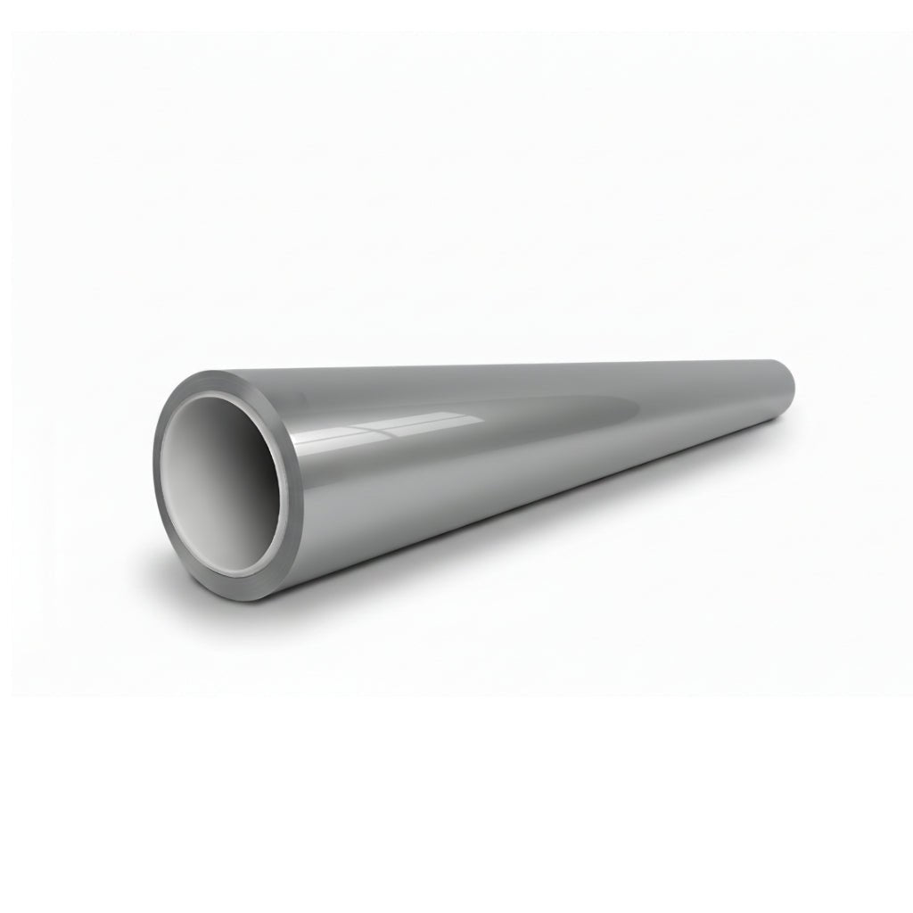 A shiny, metallic, hollow pipe with a wide opening that tapers to a narrow end rests on a white surface—its finish reminiscent of the Porsche Gray Glossy SelfRepair Nano-Coated PPF used for premium auto paint protection.