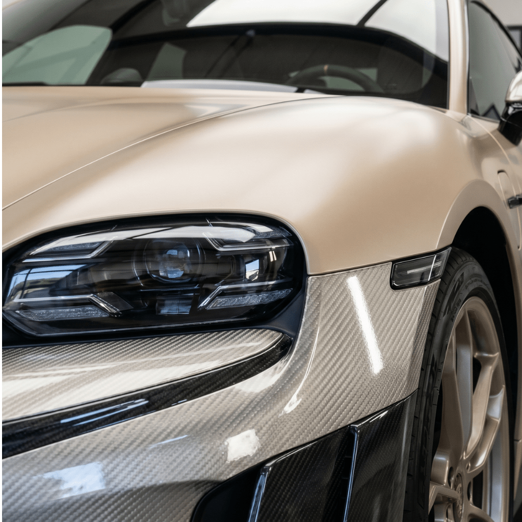Close-up of a luxury sports car’s front left side, showcasing a sleek headlight, metallic champagne paint, and carbon fiber accents protected by Liquid Metallic Aluminium Carbon Fiber Self-Healing Nano-Coated PPF under indoor natural light.