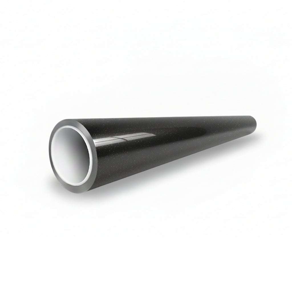A glossy black, cone-shaped tube of Diamond Black Gold Glossy SelfRepair Nano-Coated Nexthor™ PPF rests on a white surface, its wide opening contrasting with the narrow, closed tip.