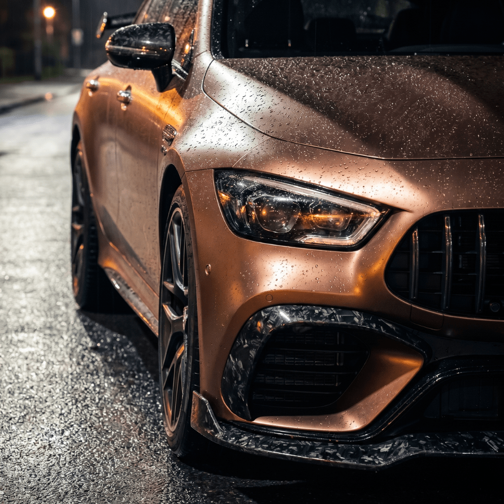 Close-up of the front left side of a bronze sports car with raindrops, protected by Forged Carbon Graphite Self-Healing Nano-Coated PPF, parked on a wet street at night under dim streetlights.