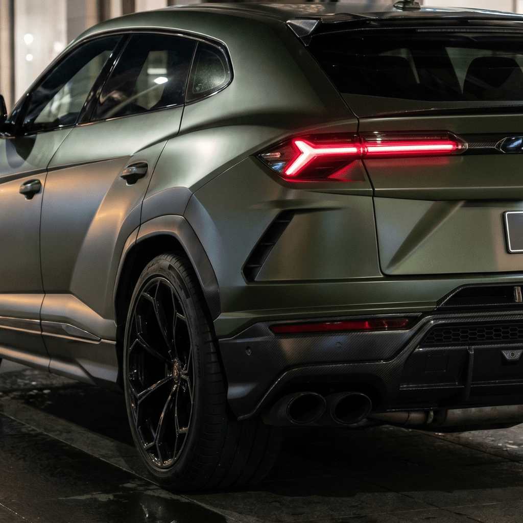 A luxury matte green SUV featuring Matte Carbon Fiber SelfRepair Nano-Coated PPF is parked on a city street at night, highlighted by sharp lines, large black wheels, and striking red LED tail lights under the streetlights.