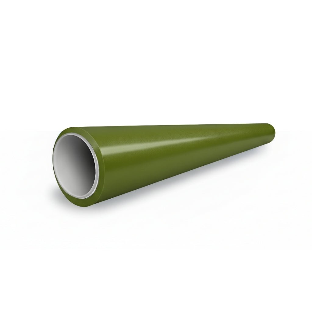 A glossy, green-tapered hollow pipe rests on a white surface—its finish recalls Blue Gold Green Chameleon SelfRepair Nano-Coated PPF, known for its self-healing nano technology that protects car bodies.