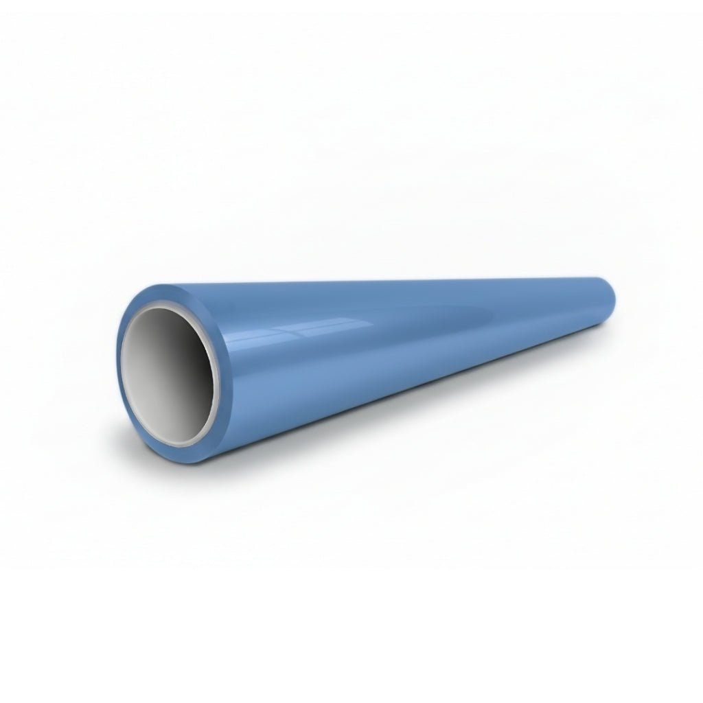 A blue, hollow, cylindrical tube with a tapered end lies on a white background, resembling Blue Lagoon Glossy SelfRepair Nano-Coated PPF used for ochrana laku vozidla, with its open end shown prominently in the foreground.