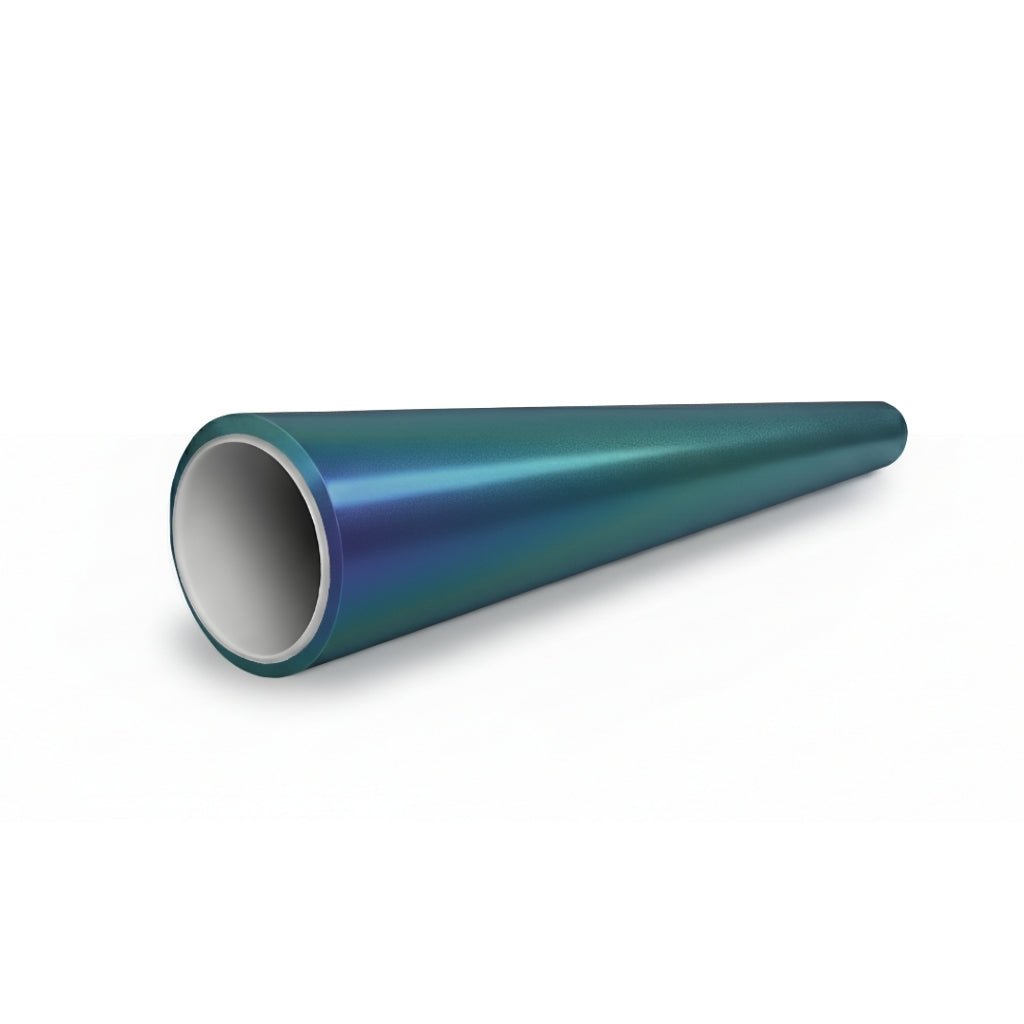 A digitally rendered image of the Chameleon Purple Blue Green Matte SelfRepair Nano-Coated PPF, a shiny metallic tapered tube with a hollow center and matte finish, lying on a white surface and viewed from the wider end.