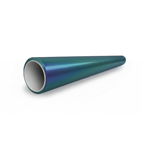 A digitally rendered image of the Chameleon Purple Blue Green Matte SelfRepair Nano-Coated PPF, a shiny metallic tapered tube with a hollow center and matte finish, lying on a white surface and viewed from the wider end.