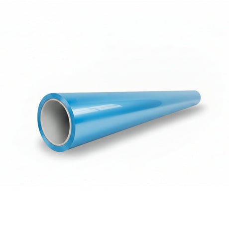 A shiny, blue, cylindrical pipe with a smooth surface lies on a white background. Its light gray inner lining resembles the pristine finish delivered by Sky Blue Charm SelfRepair Nano-Coated PPF for advanced car body protection.