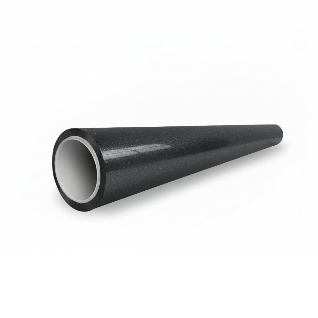 A glossy black cylindrical pipe, its surface protected by Diamond Coal Gray Glossy SelfRepair Nano-Coated PPF, rests on a white background with the open end facing the viewer.