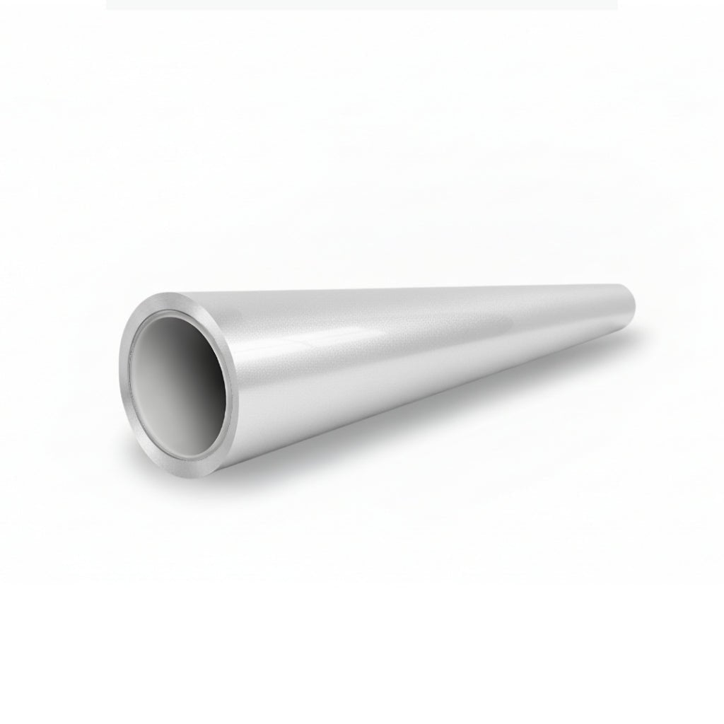 A shiny, metallic, hollow cylinder with a conical shape lies on a white surface, its exterior reflecting hints of British Green beneath a sleek White Diamond Glossy SelfRepair Nano-Coated PPF film.