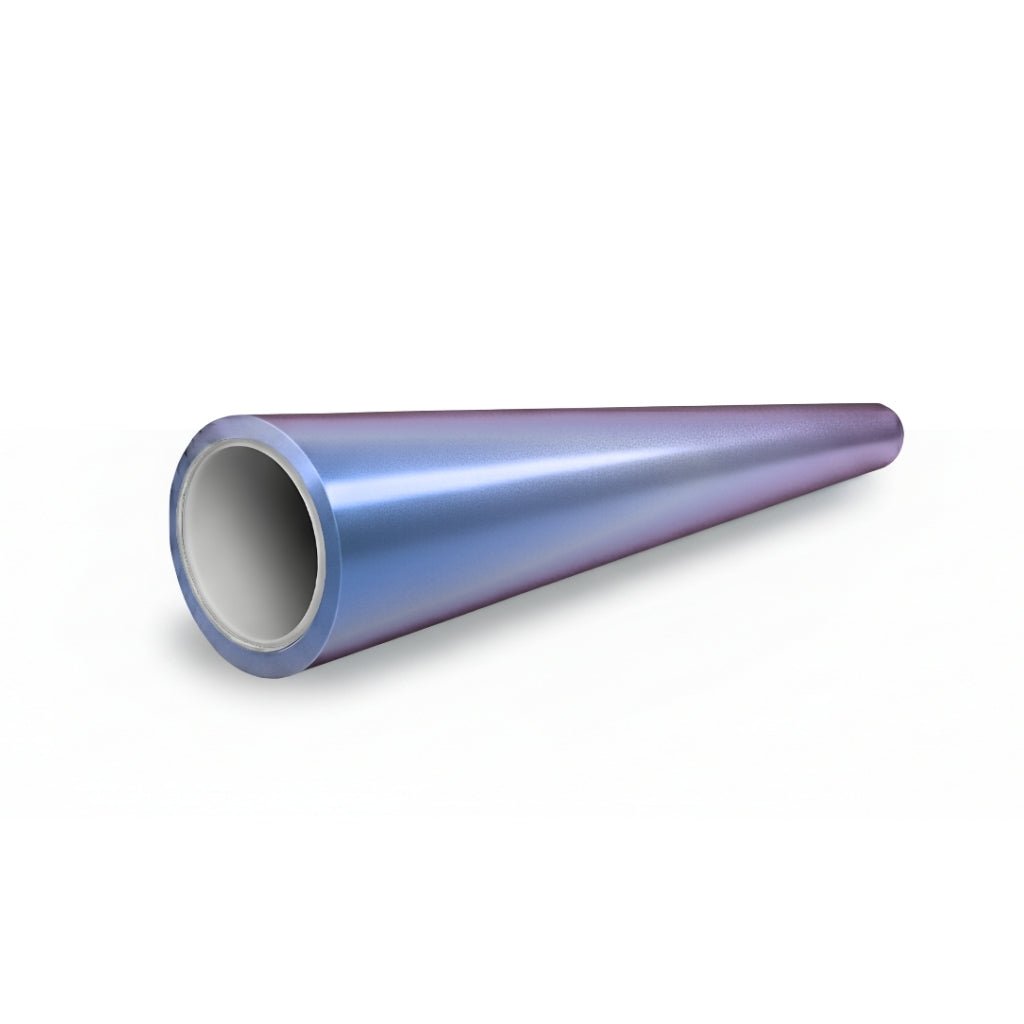 A Gray to Purple Charm Glossy SelfRepair Nano-Coated PPF lies on a white background, its metallic, gradient color shifts from gray to purple, with the wider open end facing the viewer and the narrower end extending away.