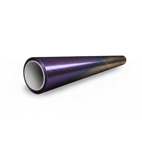 A hollow, cone-shaped tube featuring a glossy galaxy pattern in gold, red, and purple from the Gold Red Purple Chameleon SelfRepair Nano-Coated PPF rests on a white surface.