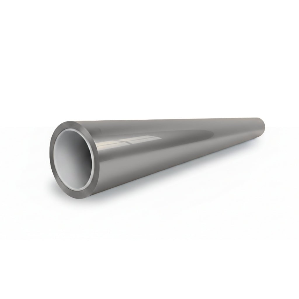 A 3D-rendered image shows a shiny, metallic, hollow cylindrical pipe coated with Gray Liquid Metallic Glossy SelfRepair Nano-Coated PPF, with a wide front opening narrowing to the back, displayed on a white surface.