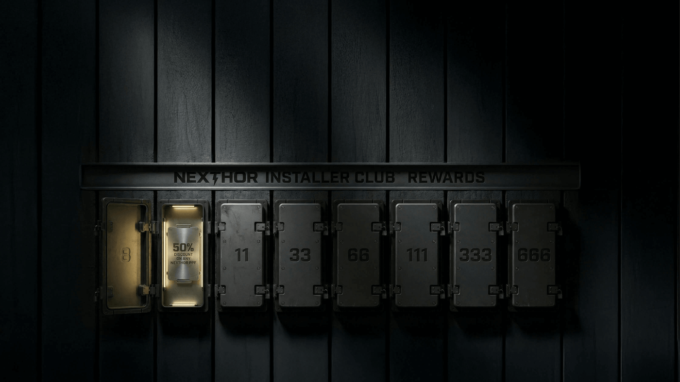 A dimly lit metal locker wall displays eight numbered lockers. The leftmost locker is open, revealing a glowing bottle labeled “50%.” Above, a sign reads “NEXTHOR INSTALLER CLUB REWARDS.”.
