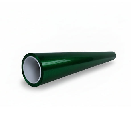 A glossy, dark green cylindrical tube with a white inner lining, featuring Diamond British Green Glossy SelfRepair Nano-Coated PPF, lies diagonally on a plain white background.