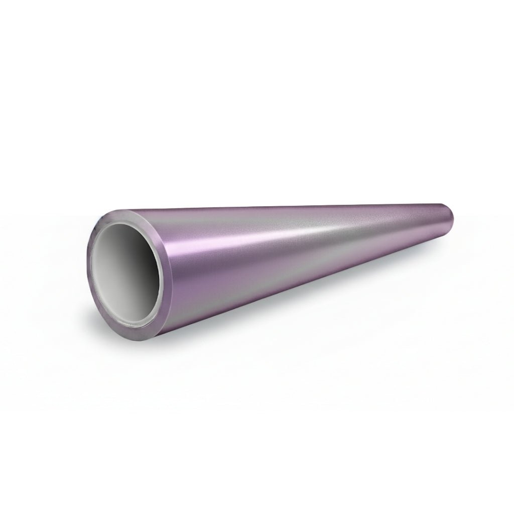 The Charm Silver to Purple Matte SelfRepair Nano-Coated PPF, a hollow metallic cone tube with an iridescent purple nano finish, is displayed against a white background.