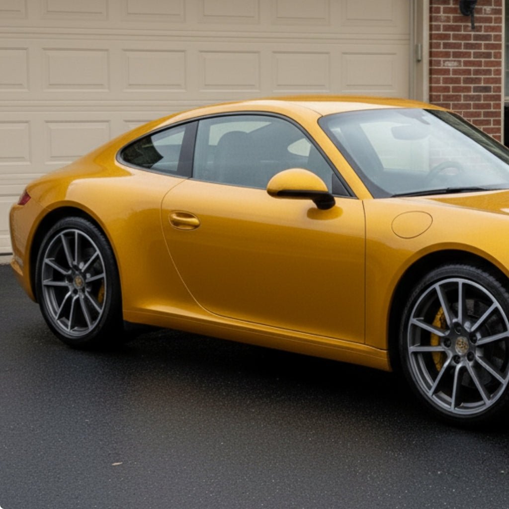 A yellow sports car with Diamond Maple Yellow Glossy SelfRepair Nano-Coated PPF is parked on a dark driveway by a beige garage door and brick wall. Only the side view, shielded by this premium ochranný PPF film, is visible.