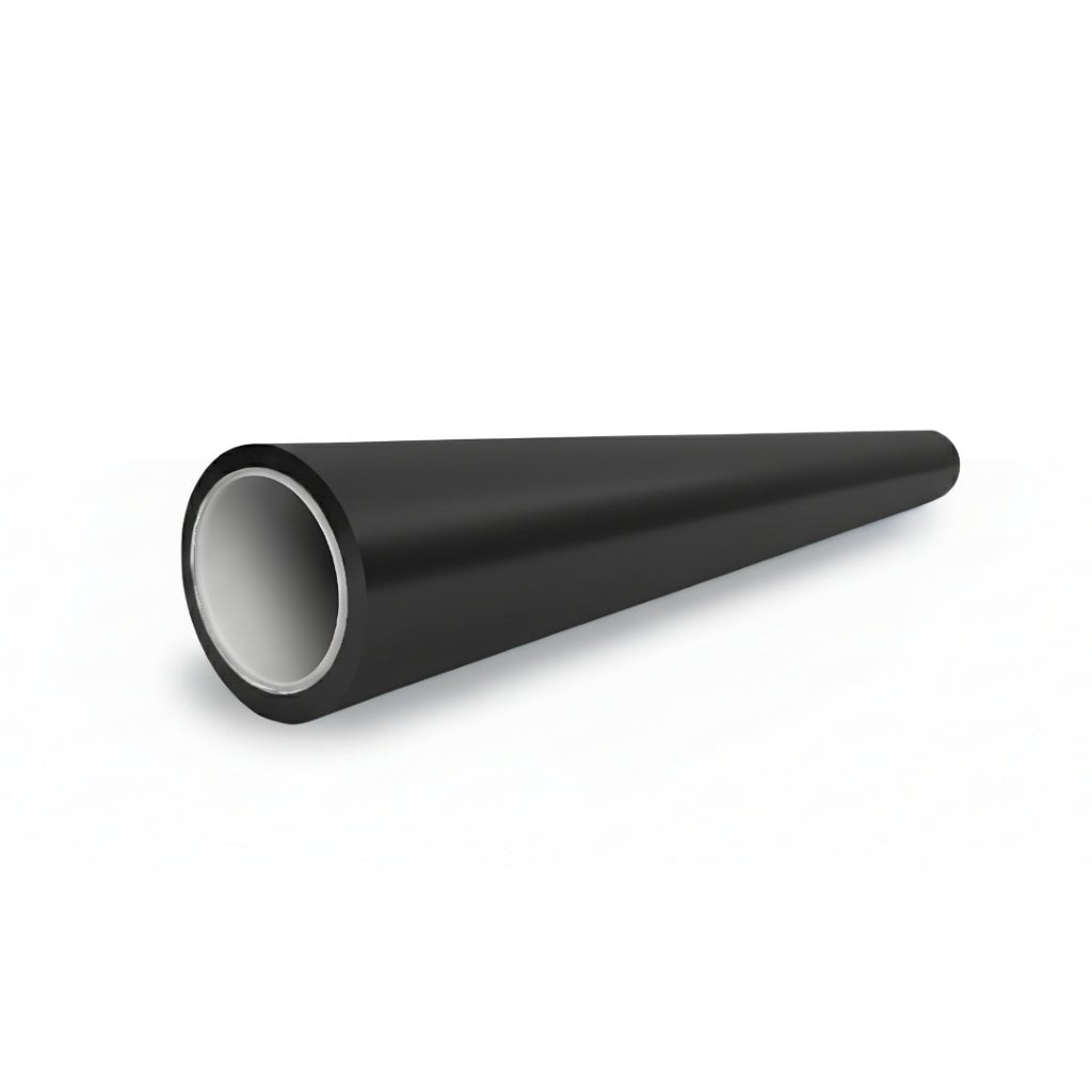 A Phantom Black Matte SelfRepair Nano-Coated PPF—hollow, cylindrical, with a white inner lining—rests diagonally on a white background. The tube appears wider at the front and tapers toward the back.