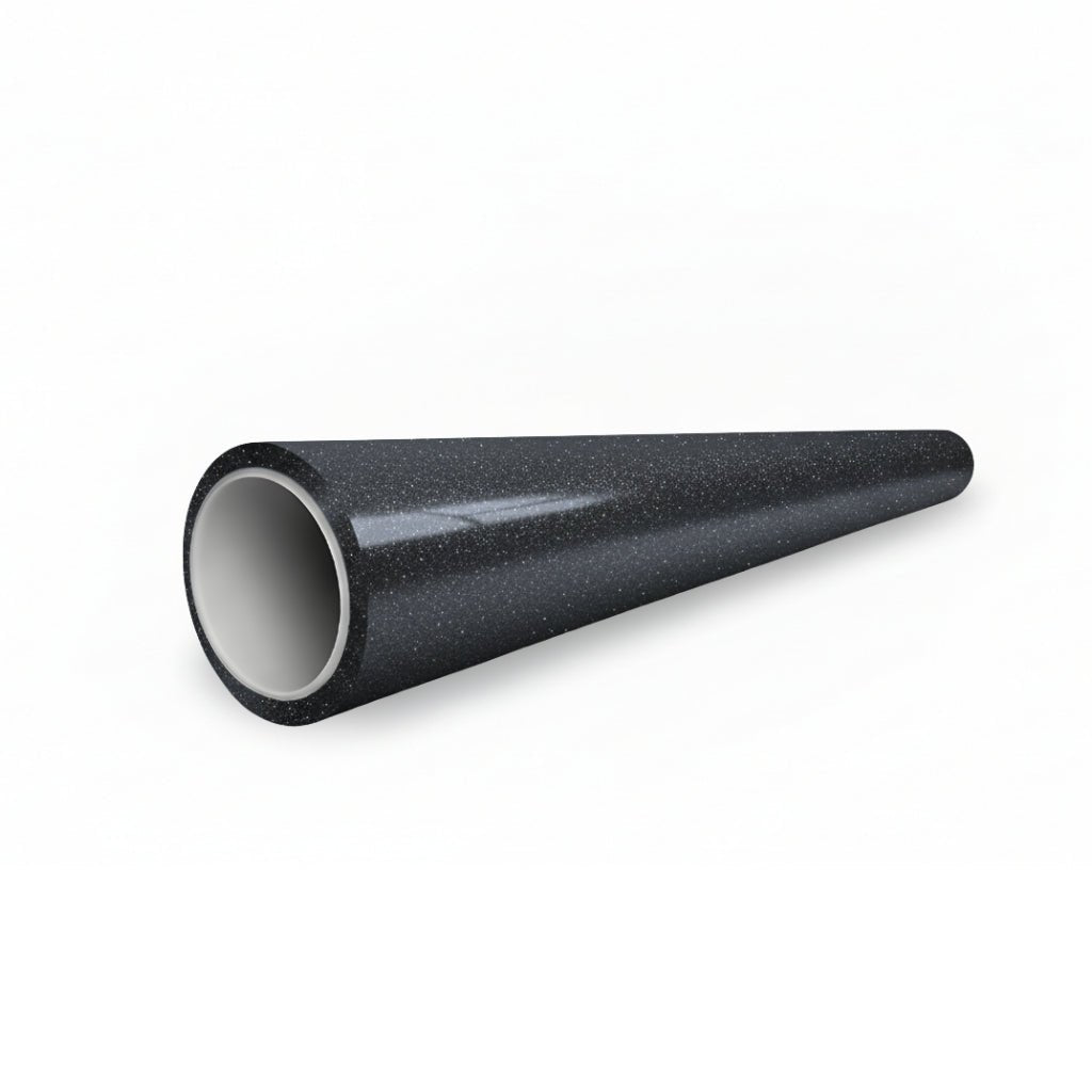 A black, speckled, cone-shaped pipe with a hollow center lies on a white background. Its surface resembles Midnight Black Sparkle Glossy SelfRepair Nano-Coated PPF, giving it a sleek and durable appearance.