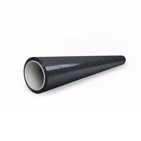 A black, speckled, cone-shaped pipe with a hollow center lies on a white background. Its surface resembles Midnight Black Sparkle Glossy SelfRepair Nano-Coated PPF, giving it a sleek and durable appearance.