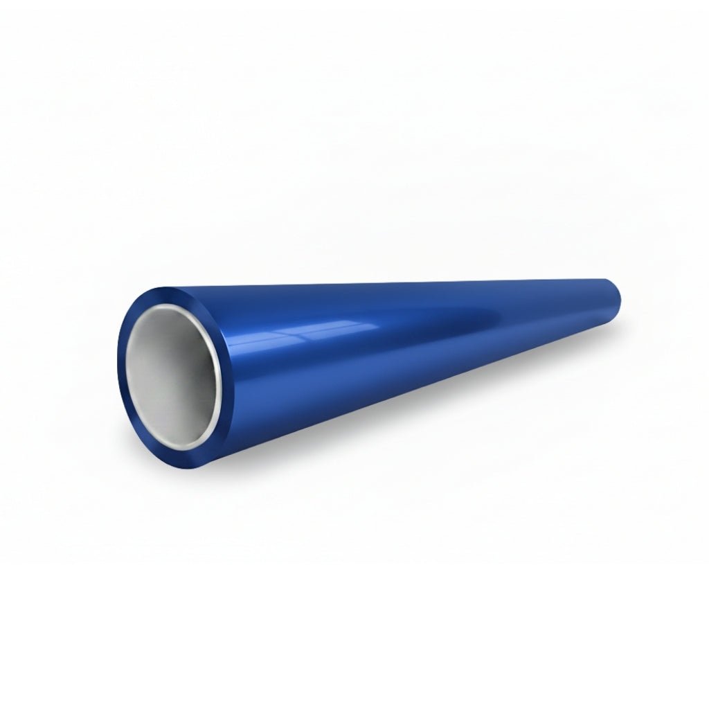 A shiny, metallic blue cone-shaped tube with a white inner lining rests on a white background, resembling Mystic Blue Glossy SelfRepair Nano-Coated PPF for vehicle paint protection.