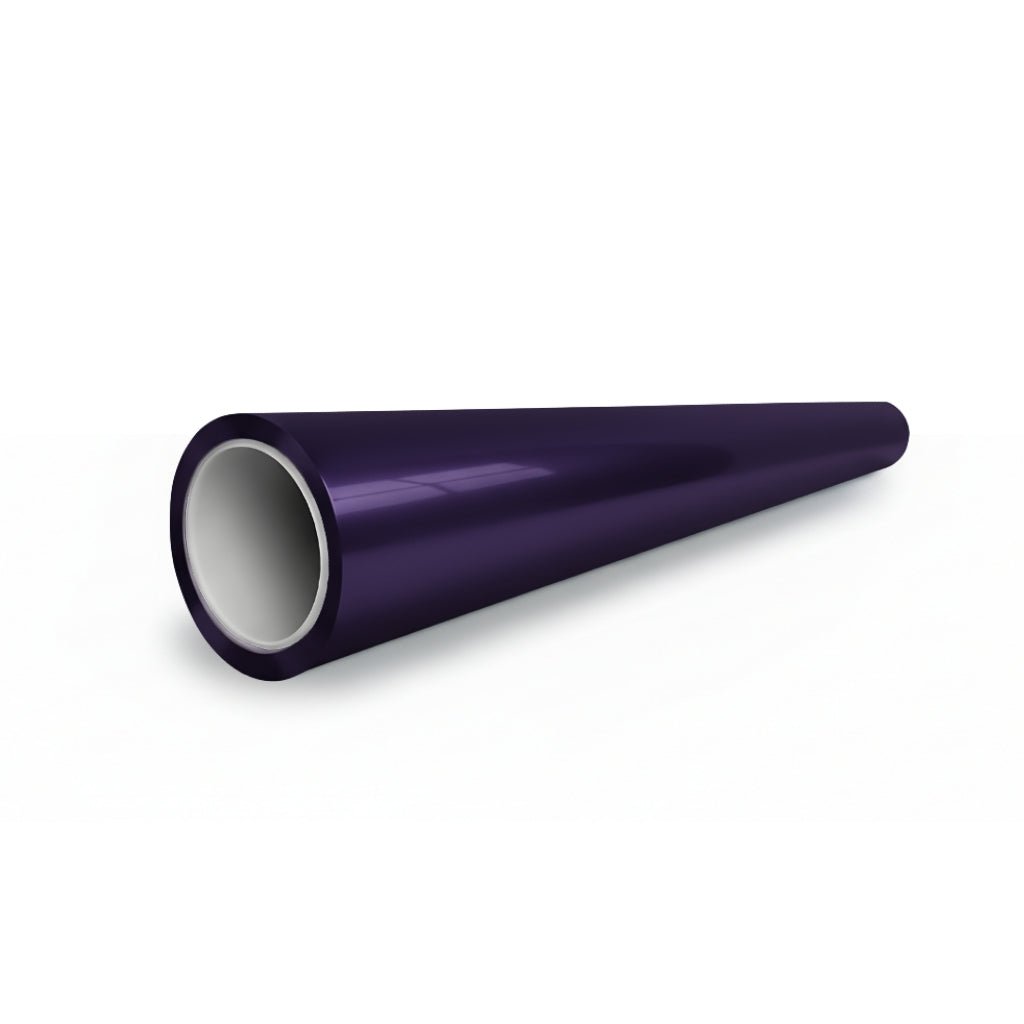 A glossy, dark purple cylindrical pipe with a hollow center is shown on a white background, its surface featuring Diamond Provence Purple Glossy SelfRepair Nano-Coated PPF for advanced ochrana karosérie, tapering at one end.