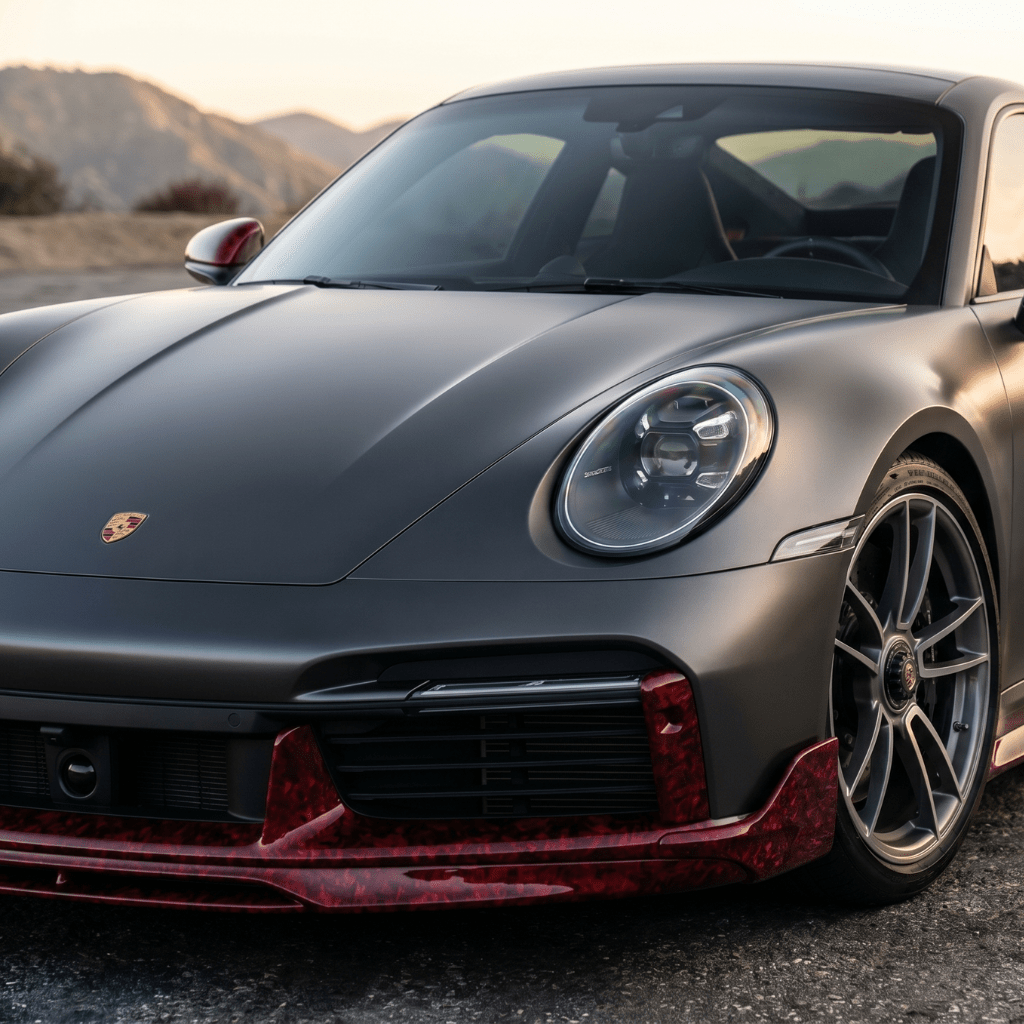 A matte gray Porsche with Red Forged Carbon Graphite Self-Healing Nano-Coated PPF accents and a carbon fiber finish is parked on pavement outdoors, mountains visible behind it at sunset.