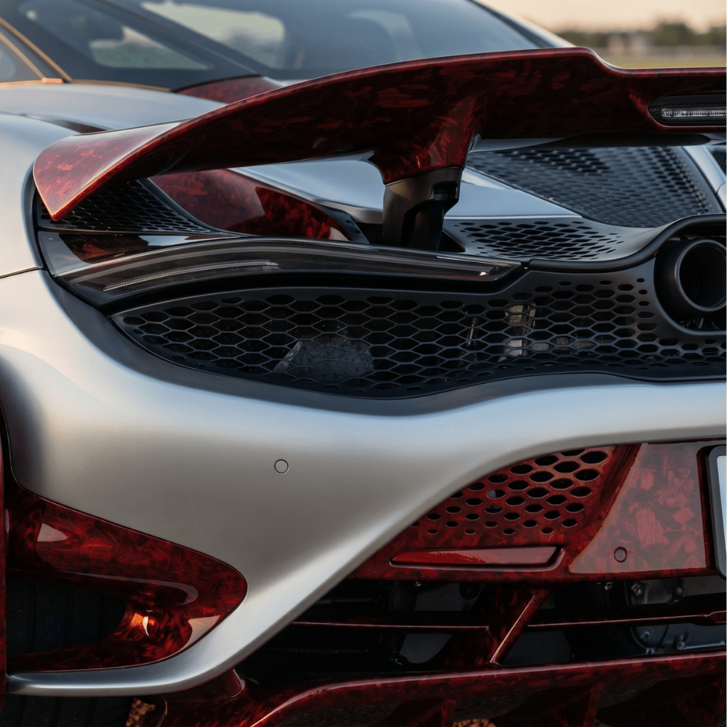 Close-up of the rear end of a silver and red sports car, highlighting its aerodynamic spoiler, sleek curves, mesh grille, and Red Forged Carbon Graphite Self-Healing Nano-Coated PPF with a carbon fiber finish gleaming in sunlight.