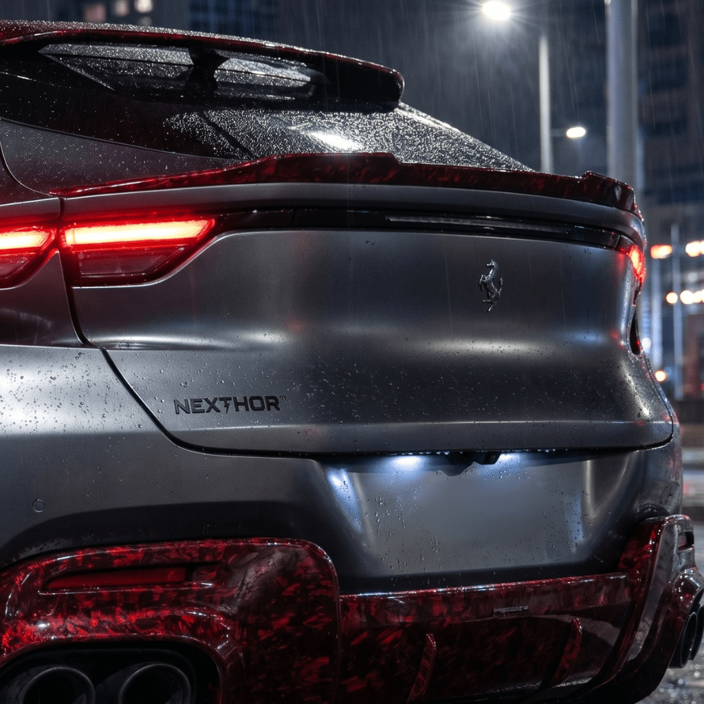A close-up of the rear of a dark Ferrari SUV at night shows glowing red tail lights and rain droplets on a Red Forged Carbon Graphite Self-Healing Nano-Coated PPF surface, with 'NEXTHOR' displayed below the Ferrari emblem.