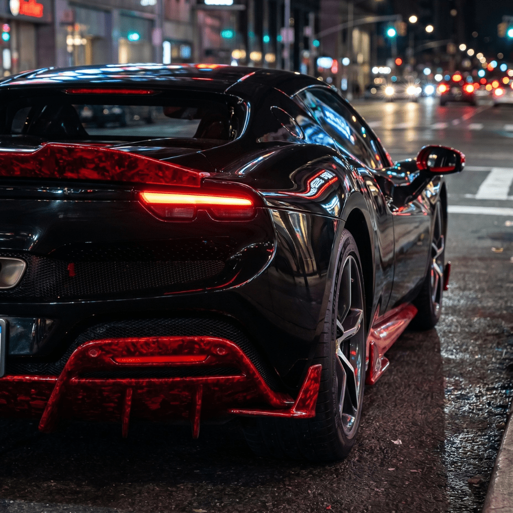 A sleek black supercar with red accents and a Red Forged Carbon Graphite Self-Healing Nano-Coated PPF is parked on a city street at night, illuminated by streetlights. Its glowing rear lights emphasize the modern design.