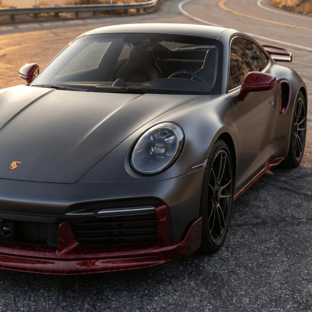 A sleek, matte black Porsche sports car with Red Forged Carbon Graphite Self-Healing Nano-Coated PPF accents is parked on a winding road at sunset, highlighting the car’s distinct headlights and aerodynamic design.