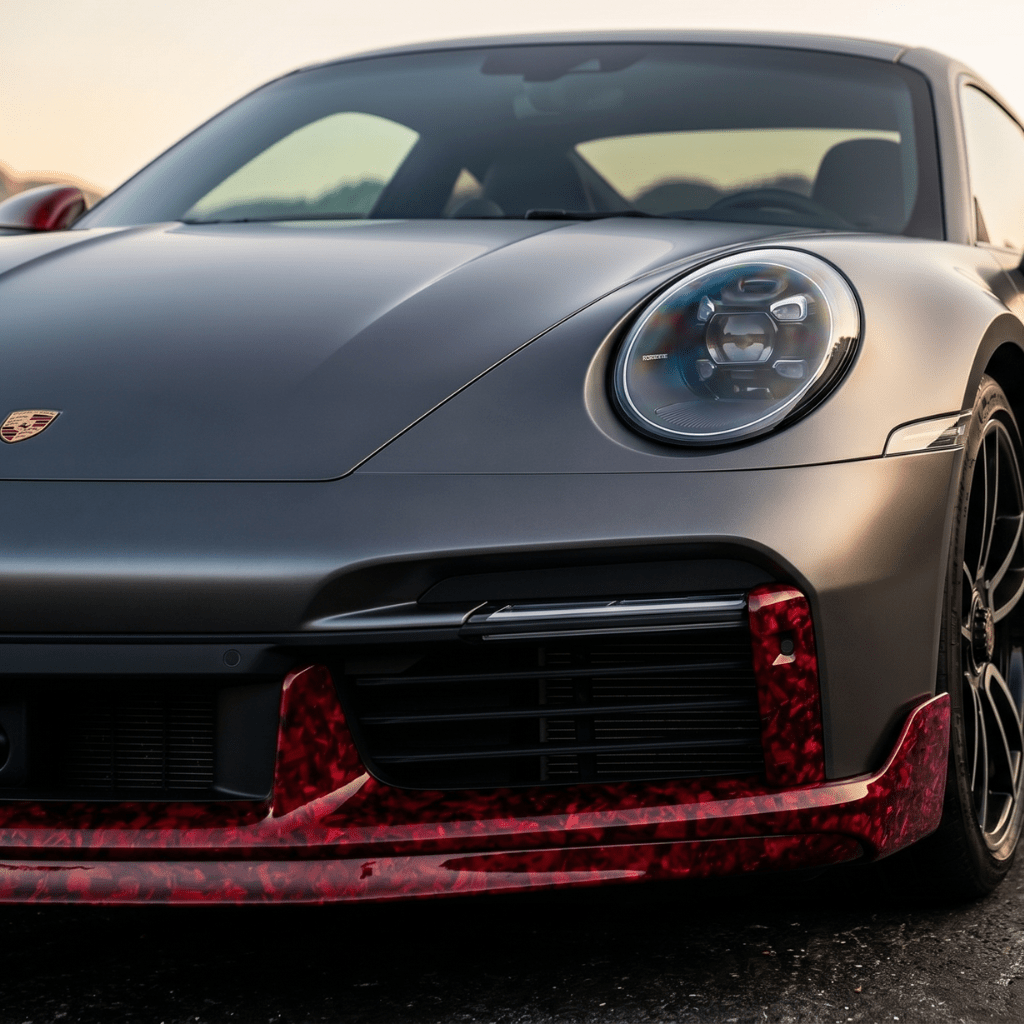 Close-up of a Porsche front end with a Red Forged Carbon Graphite Self-Healing Nano-Coated PPF, showing the matte black finish, left headlight, hood emblem, and a front bumper highlighted by a distinctive red accent.