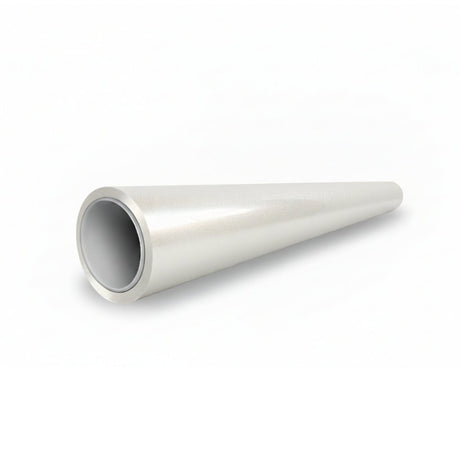 A metallic, silver-colored, hollow cylindrical cone lies on a white surface, its sleek finish resembling that of Shell White Glossy SelfRepair Nano-Coated PPF, tapering from a wide front opening to a narrow point at the back.