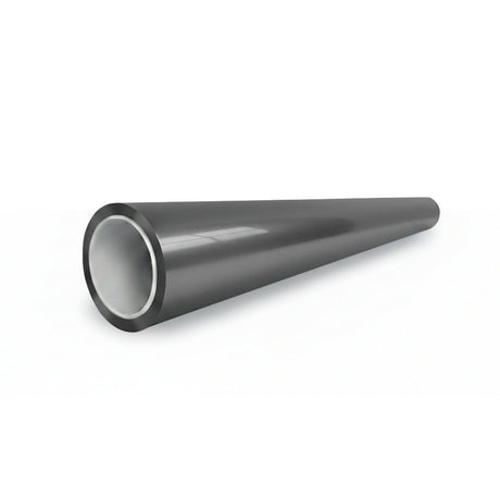 A Silver Liquid Metallic Matte SelfRepair Nano-Coated PPF, cylindrical and hollow with a reflective finish, lies on a white background at an angle, its open end facing the viewer.