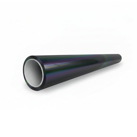 A black, glossy hollow cylindrical tube lies diagonally on a white surface with its wide opening facing the viewer—its shine evoking Stellar Black Glossy SelfRepair Nano-Coated PPF.