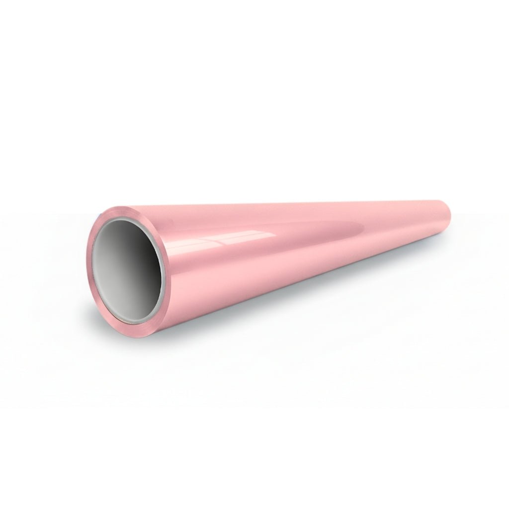 A Rouge Pink Glossy SelfRepair Nano-Coated PPF tube, shiny and cylindrical, tapers from a wide to narrow end with a sleek finish, resting on a white surface.